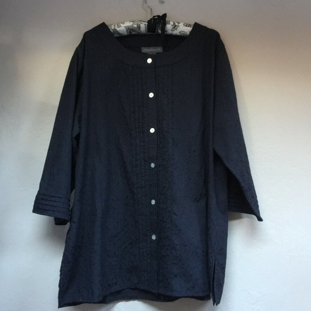 Magellan's Women Pleated Front Textured Button Up Shirt Tunic XL Black Lagenlook